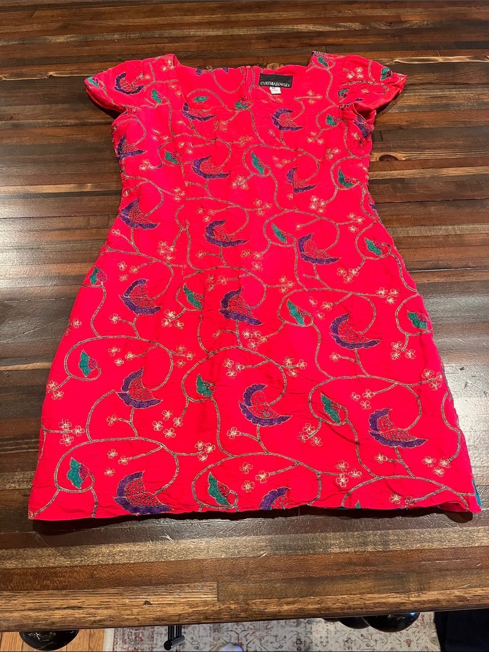 Vintage silk Cynthia Rowley Red Floral Embroidered Dress